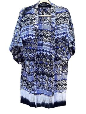 STEVE MADDEN Open Sheer Patterned Kimono / Swim Cover Up w. Ombré Fringe